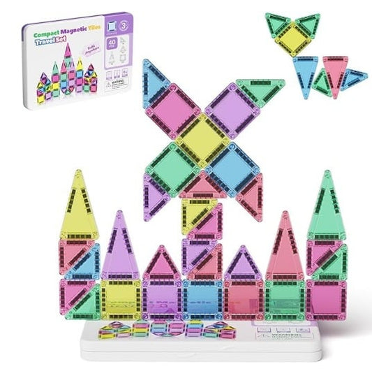 🎁Big Sale 🔥🧲42-Piece Mini Magnetic Tiles Travel Set with Metal Storage Box - Portable STEM Building Blocks
